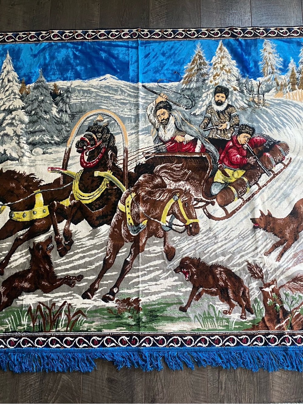 Vintage Russian Troika Winter Scene Woven Tapestry Wall Hanging Wolves Horses